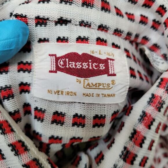 Vintage 70s Campus Dagger Collar Disco Shirt Medium 16 Geometric Print Op Art - Picture 9 of 10